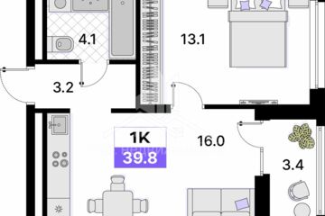 1-к квартира, 39,8 м², 3/15 эт.