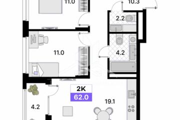 2-к квартира, 62 м², 7/15 эт.