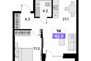 1-к квартира, 45 м², 10/15 эт.