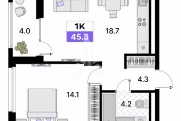 1-к квартира, 45,3 м², 11/15 эт.
