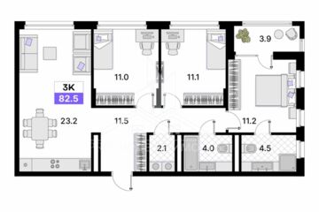 3-к квартира, 82,5 м², 11/15 эт.