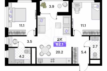 2-к квартира, 62,1 м², 14/15 эт.