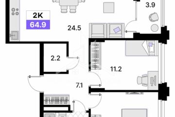2-к квартира, 64,9 м², 2/9 эт.