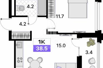 1-к квартира, 38,5 м², 2/9 эт.