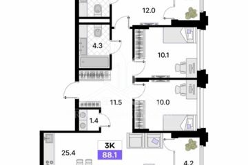 3-к квартира, 88,1 м², 2/9 эт.