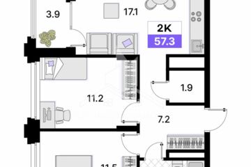 2-к квартира, 57,3 м², 4/9 эт.