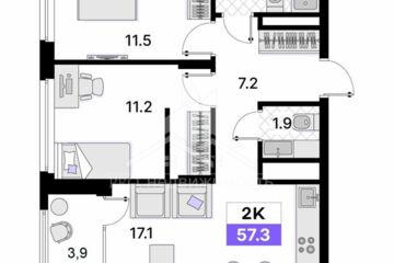 2-к квартира, 57,3 м², 6/9 эт.