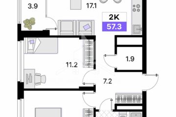2-к квартира, 57,3 м², 8/9 эт.