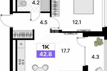 1-к квартира, 42,8 м², 8/9 эт.