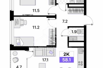2-к квартира, 58,1 м², 9/9 эт.