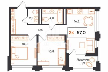 2-к квартира, 57 м², 4/15 эт.