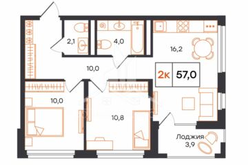 2-к квартира, 57 м², 10/15 эт.