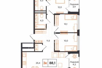 3-к квартира, 88,1 м², 7/16 эт.
