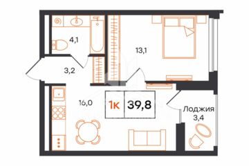 1-к квартира, 39,8 м², 13/16 эт.