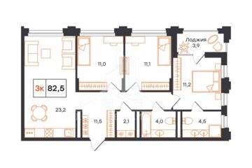 3-к квартира, 82,5 м², 2/16 эт.