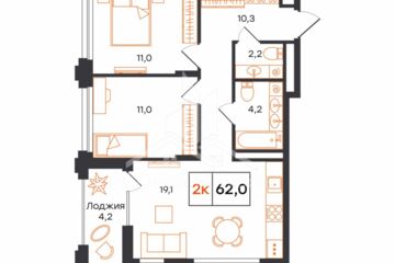 2-к квартира, 62 м², 3/16 эт.