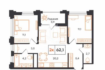 2-к квартира, 62,1 м², 3/16 эт.