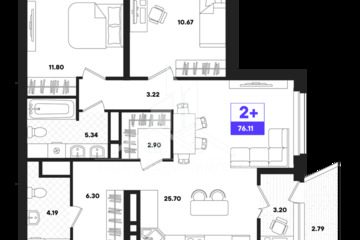 2-к квартира, 75,99 м², 21/22 эт.