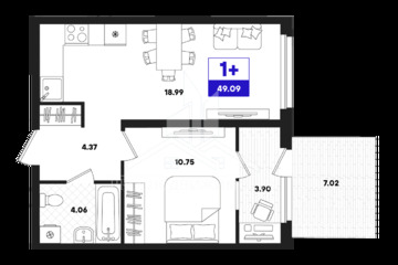 1-к квартира, 49,09 м², 2/22 эт.