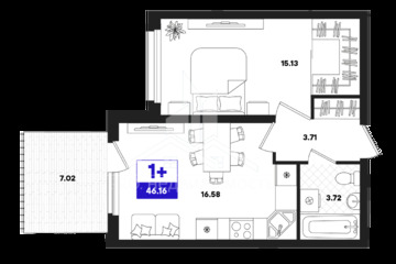 1-к квартира, 46,16 м², 2/22 эт.