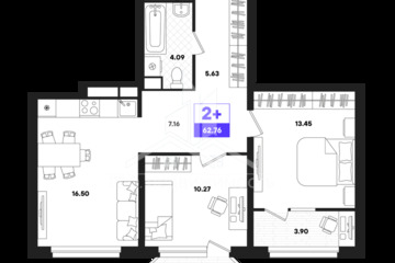2-к квартира, 62,76 м², 15/22 эт.