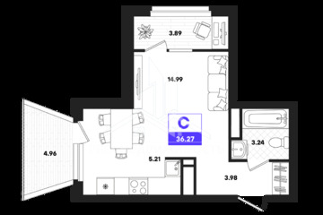 Студия, 36,27 м², 16/22 эт.