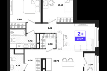 2-к квартира, 73,37 м², 19/22 эт.