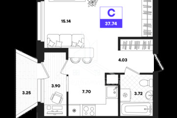 Студия, 37,74 м², 21/22 эт.