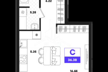 Студия, 36,38 м², 2/22 эт.