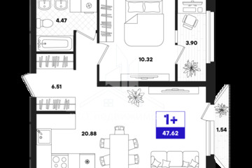 1-к квартира, 47,62 м², 5/22 эт.