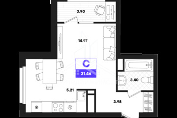 1-к квартира, 51,57 м², 5/22 эт.