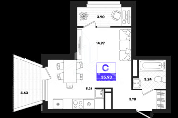 Студия, 35,93 м², 16/22 эт.