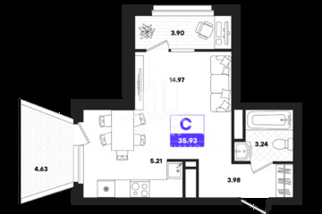 Студия, 35,93 м², 19/22 эт.