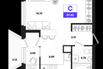 Студия, 37,62 м², 21/22 эт.