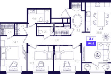 3-к квартира, 94,4 м², 7/16 эт.