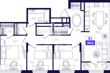 3-к квартира, 94,4 м², 8/16 эт.