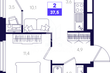 2-к квартира, 37,5 м², 9/16 эт.
